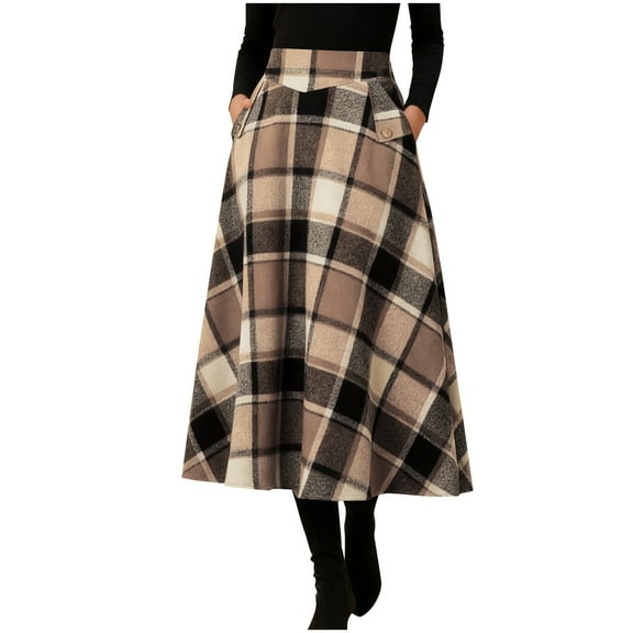 Midi Plaid Skirt for Women Button Detail Casual Flared Vintage High Waist A Line Mid-Length Tartan Skirts with Pockets