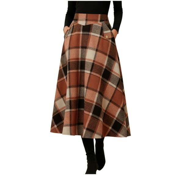 Midi Plaid Skirt for Women Button Detail Casual Flared Vintage High Waist A Line Mid-Length Tartan Skirts with Pockets