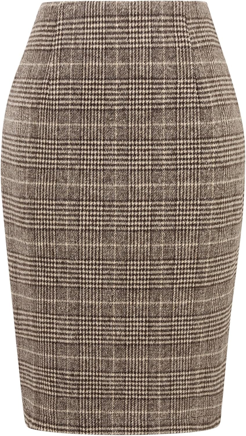 Women's Midi Plaid Wool Skirt - High Waist Knee Length Pencil Skirt With Back Slit For Fall Winter