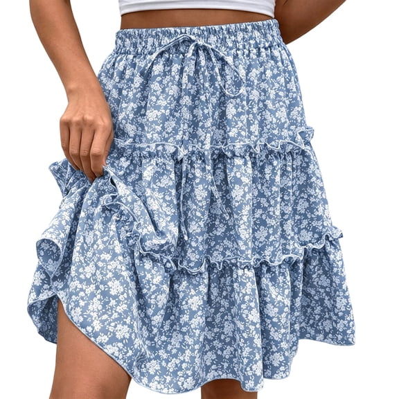 Midi Pleated Skirts for Women Summer Printed Layered Ruffle A-line Midi Skirt Evening Cocktail Party