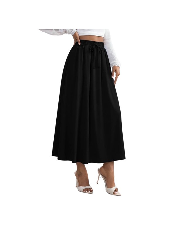 Midi Pleated Skirts for Women Summer Solid Color Loose High Waist A-line Half Body Elastic Waist Drawstring Skirt Evening Cocktail Party