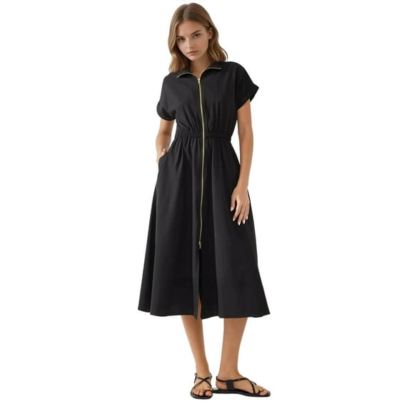 Midi Shirt Collar Dress with Zipper