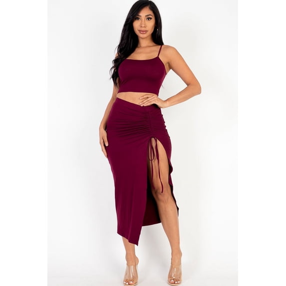 Midi Skirt Set with Cami Crop Top and Ruched Side Split Hem
