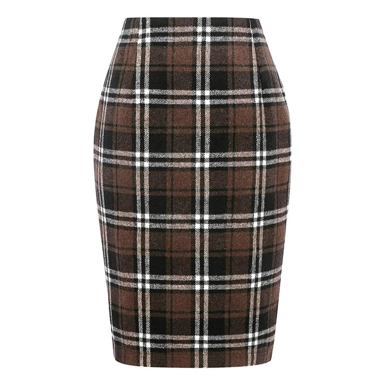 Midi Skirt With Pockets Pencil Plaid For Fall Winter High Waisted Bodycon Knee Length Wool With Slit Skirt