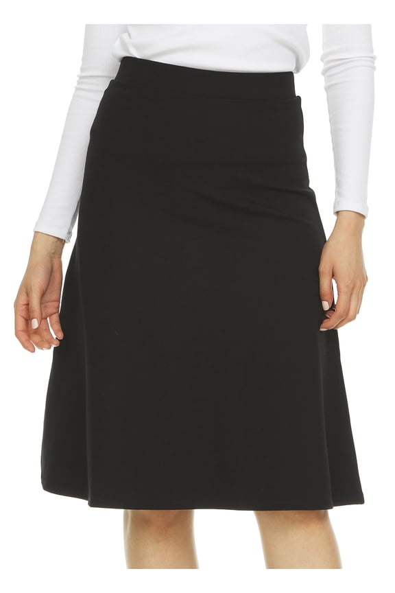 Women’s A-Line Circle Skater Midi Skirt – Perfect Thickness, Durable Fabric with a Luxurious Look, Elastic Waist, Flattering Below-the-Knee Business Office Skirk black medium