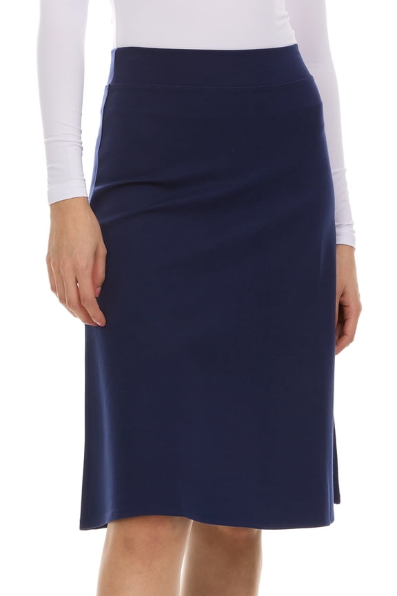 Women’s A-Line Circle Skater Midi Skirt – Perfect Thickness, Durable Fabric with a Luxurious Look, Elastic Waist, Flattering Below-the-Knee Business Office Skirt navy x large