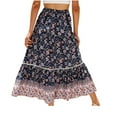 thumbnail image 1 of Midi Skirt Women Summer Vintage Printing High Waist Flowy Bohemian A-Line Skirts Women's Skirts with Drawstring, 1 of 7
