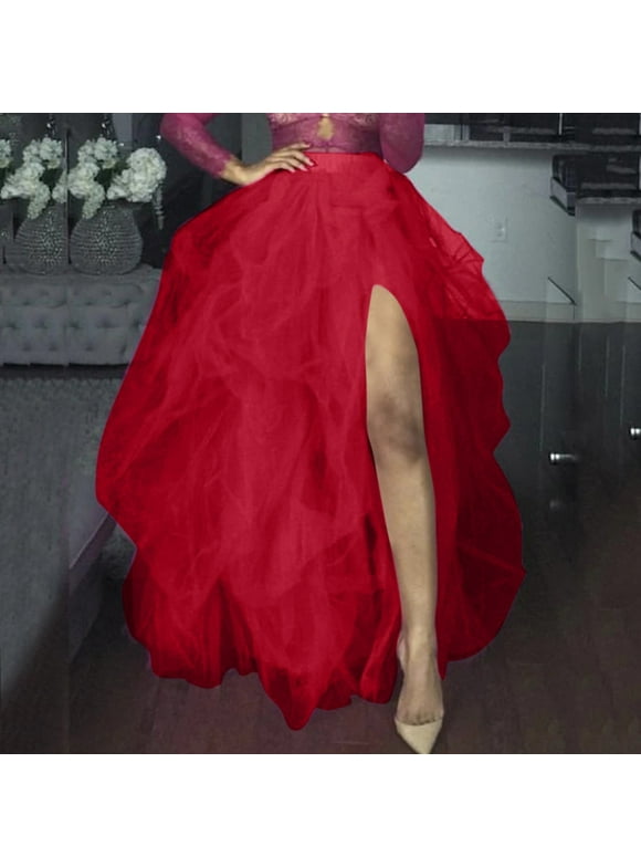Midi Skirt Women's Party High Waist Elastic Belt Casual Poncho Women's Skirt Bubble Skirt Red