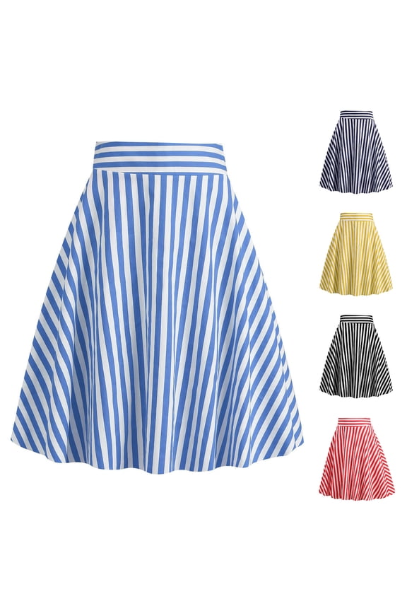 Midi Skirt for Plus Size Women Summer Casual Leisure Knee Length Elastic Waist Striped A-Line Flowy Stretchy Skirt