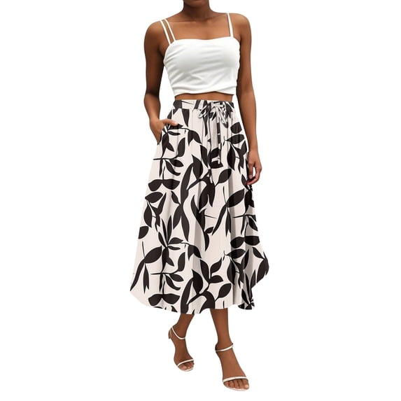 Midi Skirts For Women Flowy High Waist Drawstring A-Line Skirt Loose Boho Floral Print Midi Skirt With Side Pockets For Casual Outings Beige XL