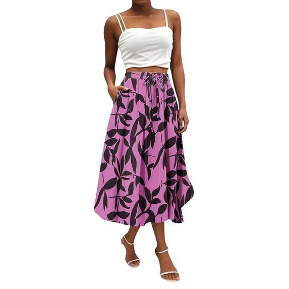 Midi Skirts For Women Flowy High Waist Drawstring A-Line Skirt Loose Boho Floral Print Midi Skirt With Side Pockets For Casual Outings Hot Pink 2XL