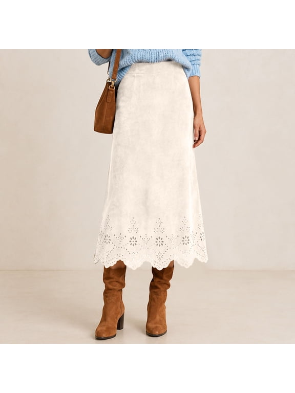 Midi Skirts For Women Retro Faux Suede High Waist Skirt Side Zipper Scalloped Hem Solid A Line Casual Fall Skirt