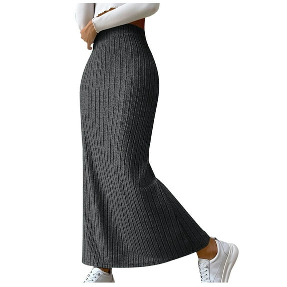 ZQUUVOU Midi Skirts For Women Spring Summer Elastic High Waisted Side Slit Long Sweater Skirt Dark Gray