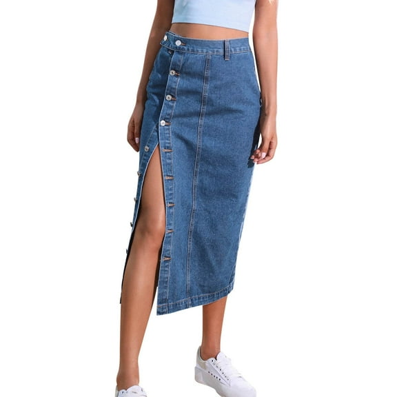 Midi Skirts For Women Summer Button Irregular Slit Denim High Waist Long Casual Showing Figure Maxi Skirts For Women Petite