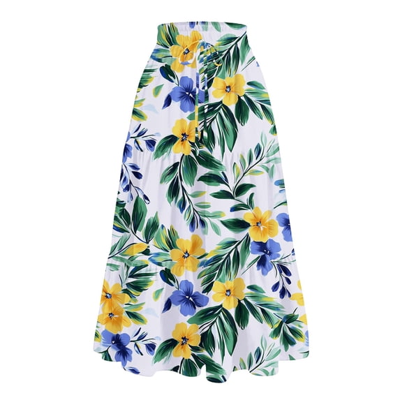 Midi Skirts For Women High Waist Flowy A-Line Midi Long Skirt Casual Floral Print Tiered Skirt Loose Elastic Drawstring Fashion Skirt With Side Pockets Sky Blue L