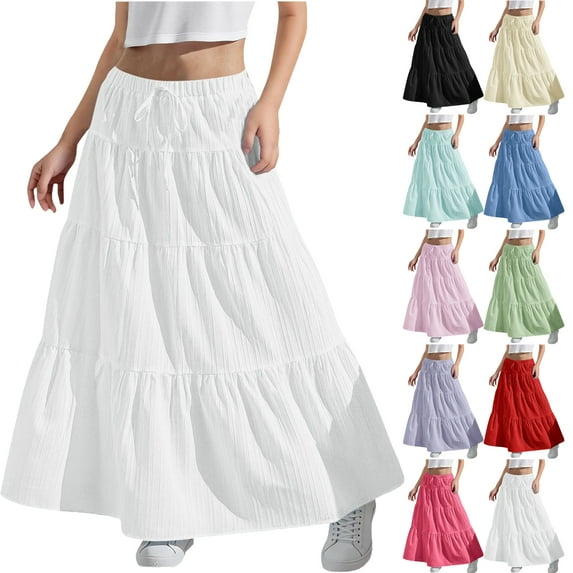 Midi Skirts for Tween Girls 4-15Y Summer Elastic WaistedRuffle Pleated Flowy Full Skirts Casual Daily Dresses for Young Girls Beige 12-13Years