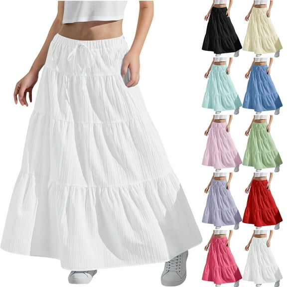 Midi Skirts for Tween Girls 4-15Y Summer Elastic Waisted Ruffle Pleated Flowy Full Skirts Casual Daily Dresses for Young Girls Beige 4-5Years