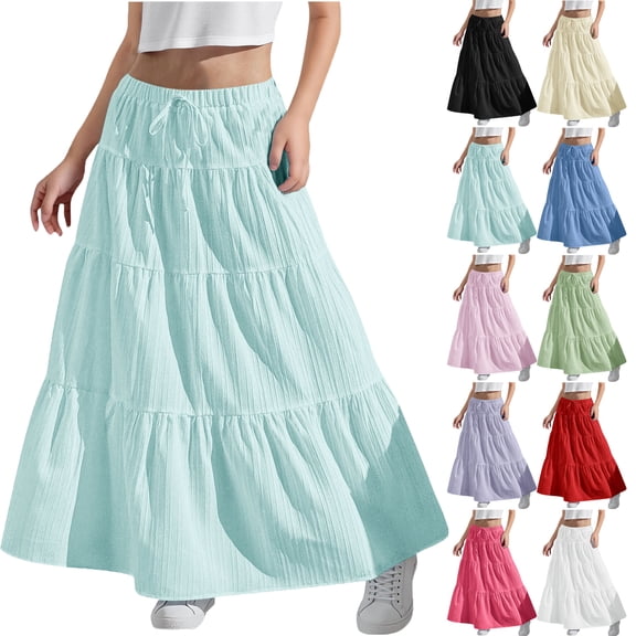 Midi Skirts for Tween Girls 4-15Y Summer Elastic WaistedRuffle Pleated Flowy Full Skirts Casual Daily Dresses for Young Girls Blue 14-15Years