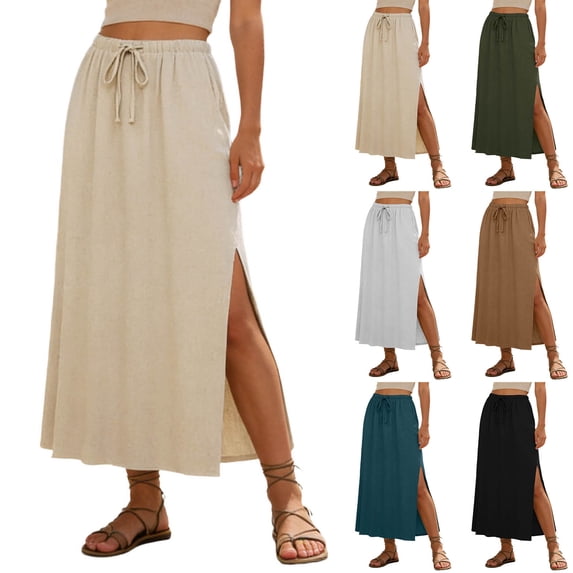 Midi Skirts for Women 2026 Sports Daily Going Out Outfits Ladies Fashion Women Solid Color Elastic Waist Drawstring Ladies Long Skirts Army Green L