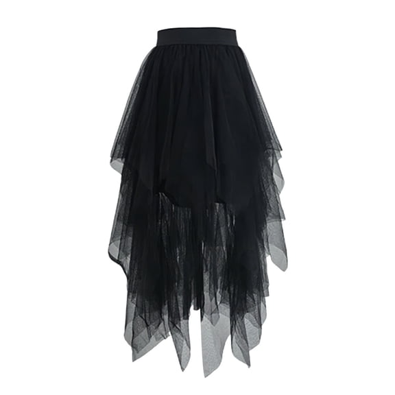 Midi Skirts for Women Asymmetrical Layered Skirt High Waist Elastic Stretch Flowy Mesh Party Wear Black One Size