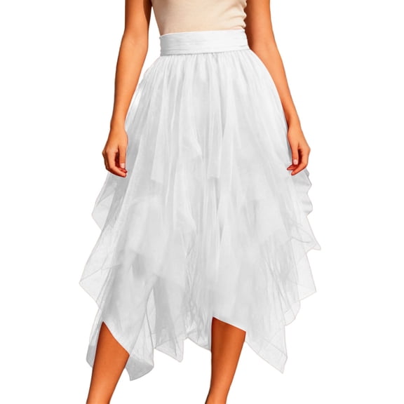 Midi Skirts for Women Asymmetrical Layered Skirt High Waist Elastic Stretch Flowy Mesh Party Wear White One Size