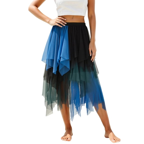 Midi Skirts for Women Color Block Mesh Overlay High Waist Sheer Layered A Line Skirt with Flowy Design Sky Blue XL