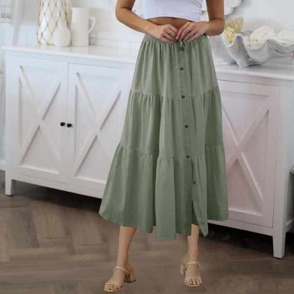 Midi Skirts for Women Elastic Waist Button Front Pleated A-Line Skirt Lightweight Elegant Summer Casual Beach Daily Skirt