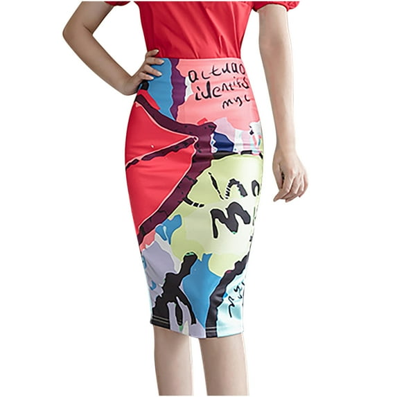 Midi Skirts for Women Fashion Letter Print Casual Skirt Pencil Split Skirt Elastic High Waist Stretch Skirt(Pink,S)