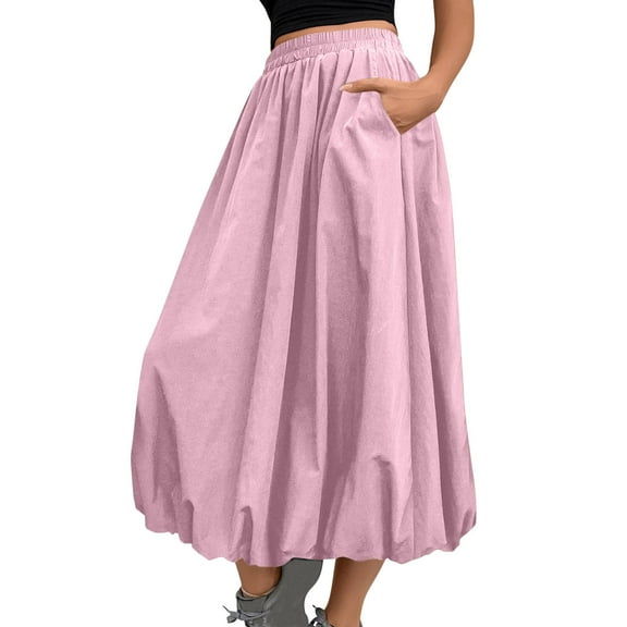 Midi Skirts for Women Fashion Solid Color Elastic Waist Casual Loose Skirt Women's Summer Skirts with Pockets