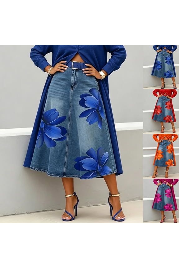 Midi Skirts for Women Faux Denim Floral Print A Line Skirts High Waist Patchwork Causal Skirts with Pockets, S