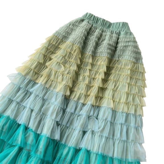 Midi Skirts for Women Gradient Color Block Mesh Tiered Skirt with Asymmetric Sheer Overlay and Full Silhouette Green One Size