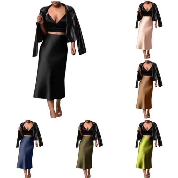 Midi Skirts for Women High Waisted Satin Silk Business Skirt Solid Color Slim Black Skirt