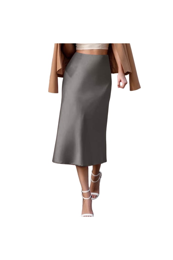 Midi Skirts for Women High Waisted Satin Silk Business Skirt Solid Color Slim Office Dresses