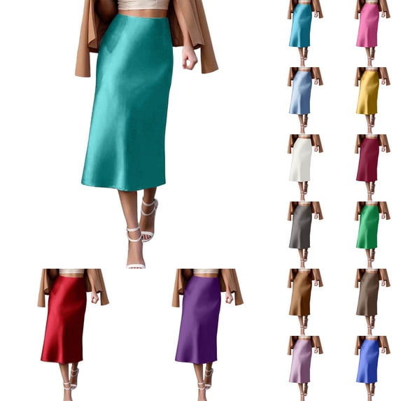 Midi Skirts for Women High Waisted Satin Silk Business Skirt Solid Color Slim Sky Blue Skirt