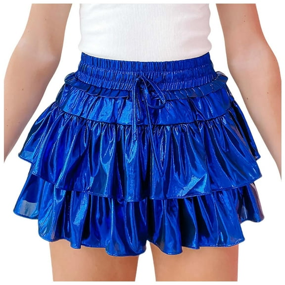 Midi Skirts for Women Metallic Skirt Shiny Flared Pleated Layered Ruffle Hem Mini Halloween Rave Summer Clothes for Women Blue L