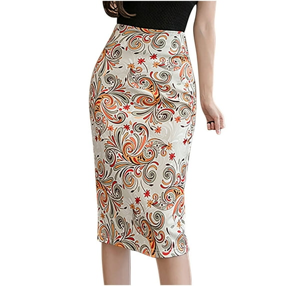 Midi Skirts for Women Retro Floral Pattern Casual Skirt Pencil Split Skirt Elastic Slim Fit High Waist Stretch Skirt(Beige,2XL)
