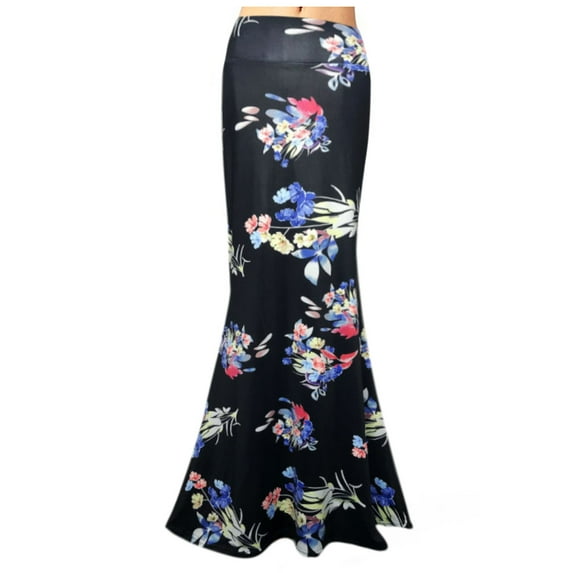 Midi Skirts for Women Retro Floral Pattern Fashion Skirt Mermaid Split Skirt Ruffle Elastic High Waist Stretch Skirt(Black,XL)