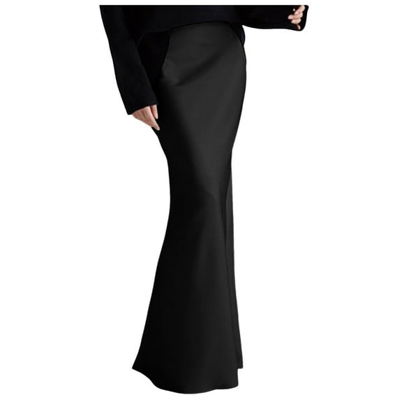 Midi Skirts for Women Silk Elegant High Waist Party Wedding Hem Satin Maxi Skirts Womens Clothes Black L