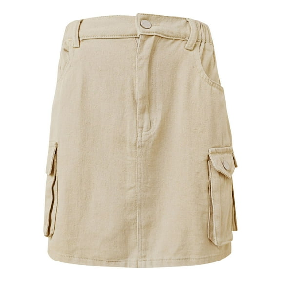 Midi Skirts for Women Soft Hip Hugging Denim Skirt Elastic Waist Cargo Pocket Denim Skirt Womens Clothes Khaki L