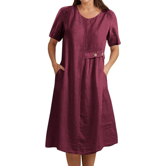 Midi Summer Dresses for Women Round Neck Solid Color Casual Loose Dress Short Sleeve A Line Dress Beach Vacation Dresses