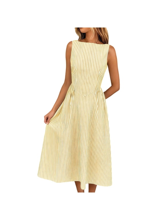 Midi Sundress Womens Sleeveless Striped a Line Tank Dresses Pleated Waist Flowy Beach Vacation Party Dresses