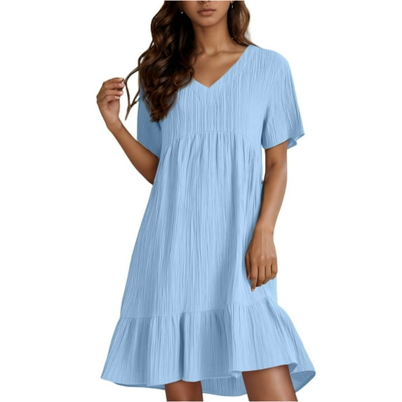 Midi Sundresses for Women V Neck Short Sleeve Ruffle Tiered Layered Plus Size Midi Dresses Knee Length Cotton Linen Modest Shirt Dresses Light Blue XXL