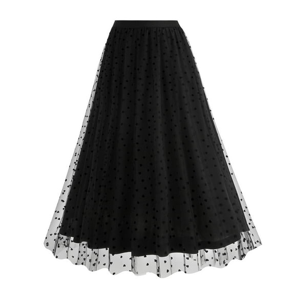 Midi Tulle Skirts for Women High Waist Layered Floral Print Embroidery Mesh A-Line Skirt