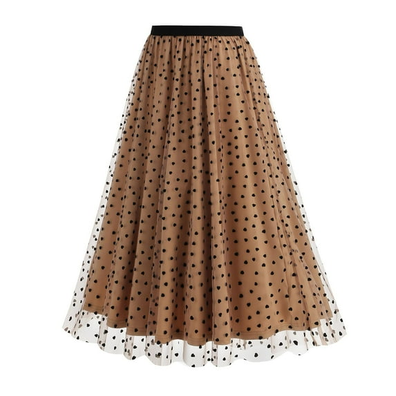 Midi Tulle Skirts for Women High Waist Layered Floral Print Embroidery Mesh A-Line Skirt