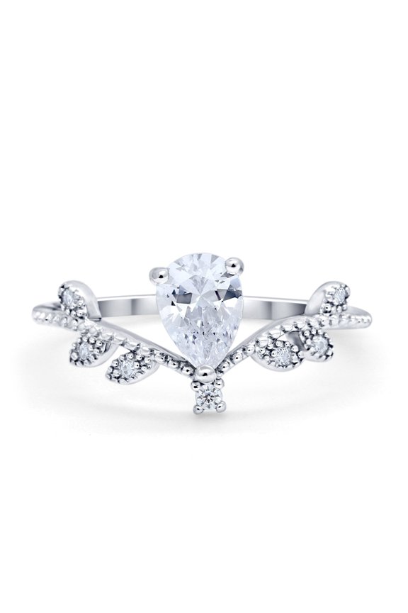 Midi V Style Teardrop Wedding Ring Pear Round Cubic Zirconia 925 Sterling Silver Size 10