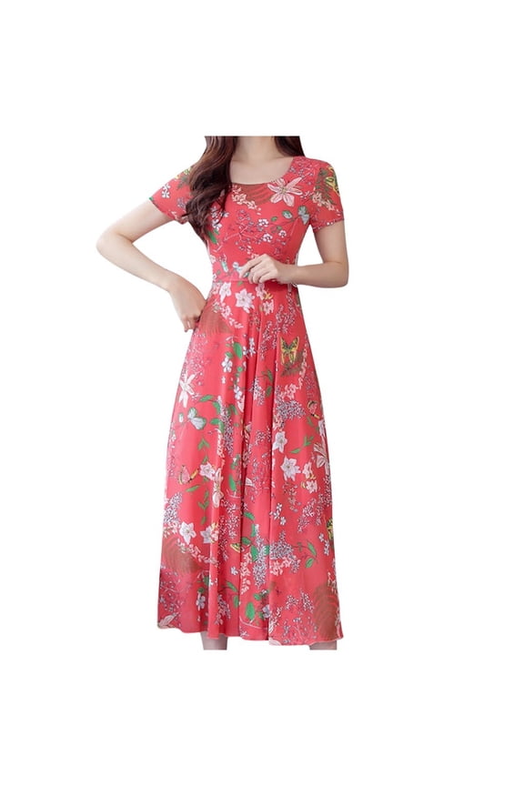 Midi for Women Casual Summer Women Fitted Dresses Women Fashion Summer Grace Mid-Calf Short Sleeve Beach Printing Dress Pinstripe Midi Dress Dresses for Women for Clubbing