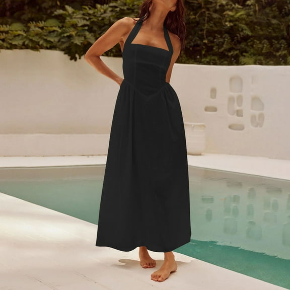 Midi Women's Dresses Sleeveless Summer Casual Solid Color Stylish Temperament Wide Strap Sleeveless Dress