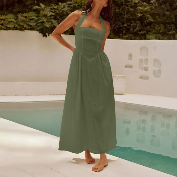 Midi Women's Dresses Sleeveless Summer Casual Solid Color Stylish Temperament Wide Strap Sleeveless Dress