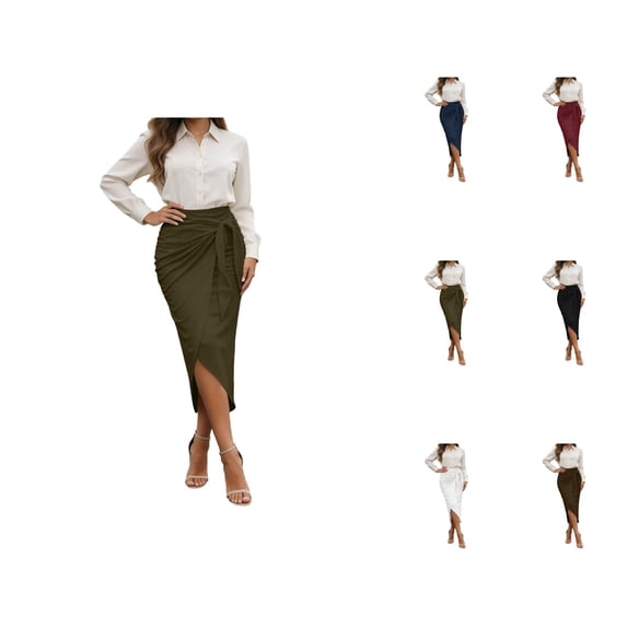 Midi Wrap Skirts for Women Summer High Waisted Tie Front Asymmetrical Slit Bodycon Ruched Pencil Skirt