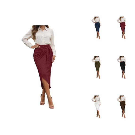 Midi Wrap Skirts for Women Summer High Waisted Tie Front Asymmetrical Slit Bodycon Ruched Pencil Skirt